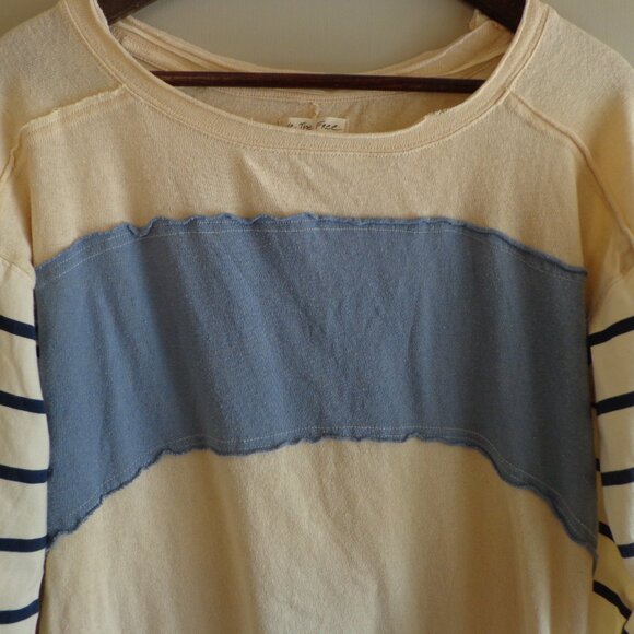 NWOT WE THE FREE Striped Puffy Long Sleeve T-Shirt XS Blues/Natural Raw Edges - Picture 4 of 15